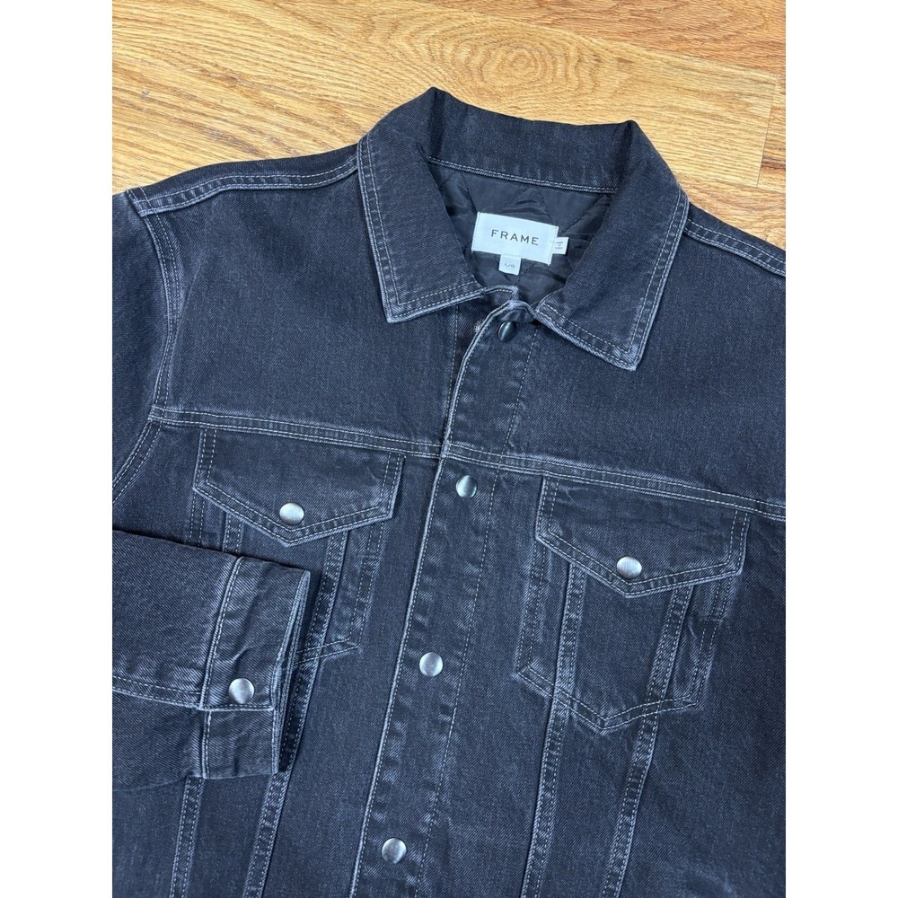 FRAME Quilted Satin-Lined‎ Denim Trucker Jacket Men's Large Black Warm Insulated
